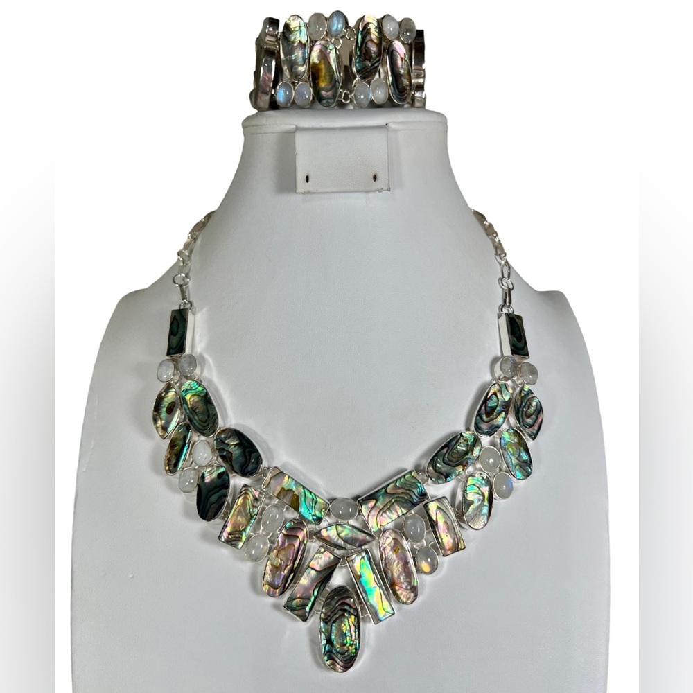 Abalone Moonstone 925 Large Gemstone Necklace & Bracelet Set